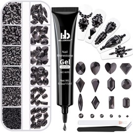 2060Pcs Black Glass Nail Rhinestones 60Pcs Multi Shapes Flatback Nail Gems + 2000Pcs 1.5-4mm Round Crystal with Rhinestones Glue Gel, Manicure Nail Charms Diamond Gemstones for Nail Art