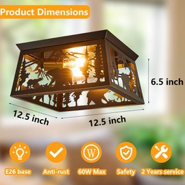 Rustic Light Fixture, 2-Light Farmhouse Flush Mount Ceiling Light Fixture, Metal Bear Country for Bedroom Foyer Entryway Hall Lights Ceiling Mount,E26 Bulbs, 12.5"