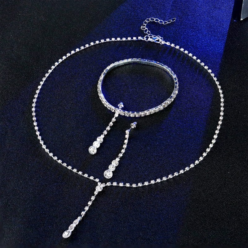 CASSIECA Silver Bridal Jewelry Set Rhinestone Necklace Bracelet Dangle Earrings