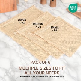SOUS HOUSE Premium 100% Cotton Reusable Produce Mesh Bags, Pack of 6 (2L+2M+2S) Washable Mesh bags for vegetables, Lightweight Cotton Produce Bags, Machine Washable for Grocery- Beige
