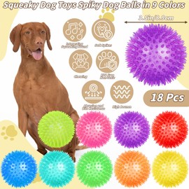 UZLU 18 Pcs 3.5 in Squeaky Dog Toy Balls Dog Chew Toy for Teething Durable High Bounce TPR Fetch Spike Balls 9 Colors Water Toy for Small Medium Large Dog Aggressive Chewers Clean Teeth and Training