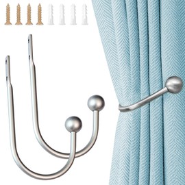 2 Pcs Metal Curtain Holdbacks, U-Shaped Hook Wall Mounted Window Curtain Holder with Screws - Drapery Holdbacks for Fixed or Hanging Items (2, Silver)