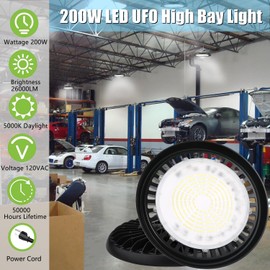 2 Pack LED High Bay Light with US Plug 6FT Cable, 120V 200W 26000LM 5000K Daylight, 800W-1000W HID/HPS Equivalent, UL IP65 Commercial Warehouse Lighting for Workshop,Garage, Gym,Factory, Non-Dim