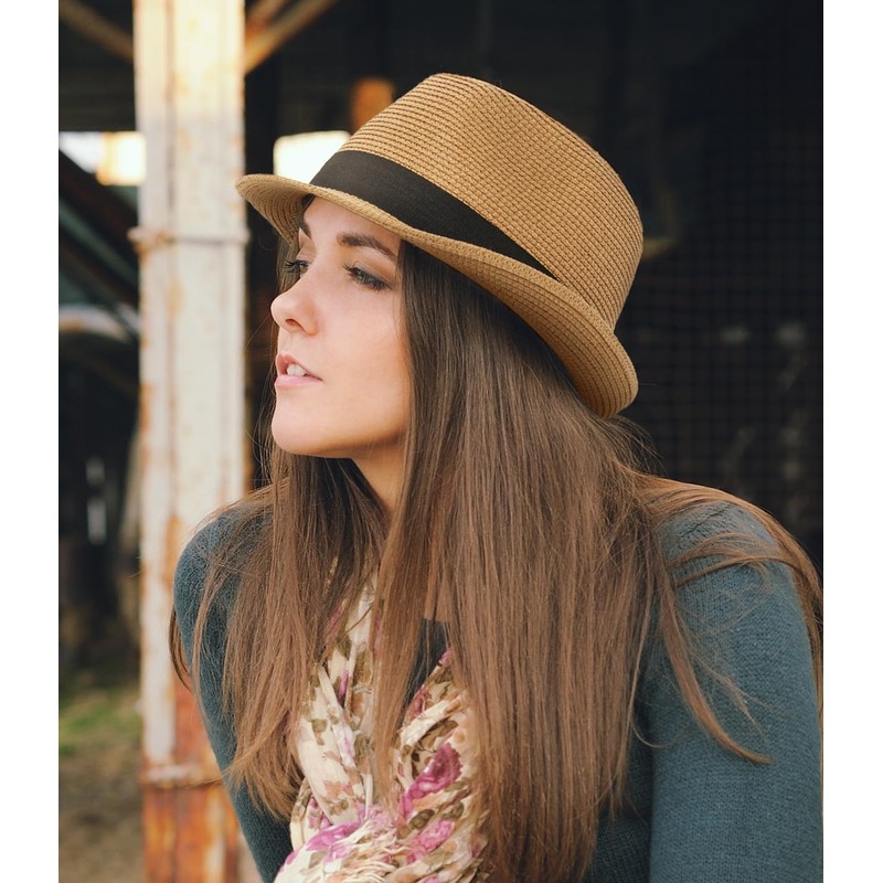 Straw Fedora Sun Hat for Women Men Short Brim Panama