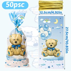 FUNCANDLE 50 Pcs Bear Cellophane Bags,Plastic Candy Sack Food Cellophane Bag with Twist Ties for Wrapping,Packaging Candies,Dessert,Bakery, Cookies, Chocolate Party