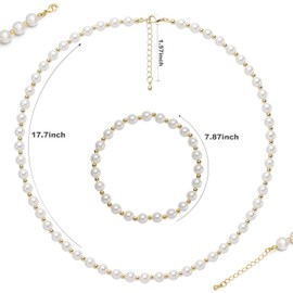 FSFOFSX Luxury Beaded Pearl Stainless Steel 18K Gold Plated Necklace Bracelet Set - Pearl Strand Necklace Costume Jewelry Gifts For Women And Girls
