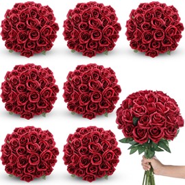 Lyrow 200 Pcs Artificial Roses Realistic Flowers Bulk Real Looking Fake Silk Rose Bouquets with Long Stem Flowers for Wedding Table Centerpieces Bridal Shower Party Home Garden Decor (Wine Red)