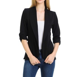 MINEFREE Women's 3/4 Ruched Sleeve Lightweight Work Office Blazer Jacket Black M