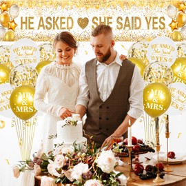 White Gold Engagement Party Banner He Asked She Said Yes Yard Banner Sign Just Engaged Decorations with 18 Pcs Engagement Balloons for Couple Wedding Engagement Party Supplies Indoor Outdoor Decor