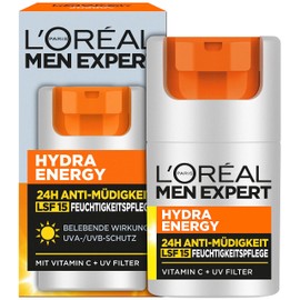 L'Oréal Men Expert Face Care with SPF 15 for Men, Invigorating Moisturising Cream 24H Anti-Fatigue with Sun Protection, Face Cream for Men with Vitamin C and Proteins, Hydra Energy, 1 x 50 ml