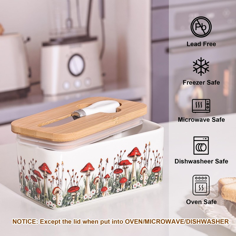 Fungi Fun Ceramic Mushroom Butter Dish with Lid and Knife,