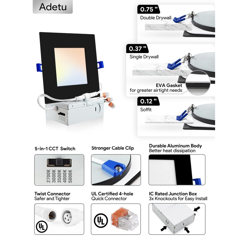 Adetu 6 inch 5CCT Black Square Led Recessed Lighting, 14W