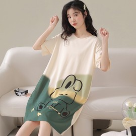 Formemory Women's Room Dress, Loungewear, Cute Bear, Loose, Stylish, Soft, Breathable, Quick Drying, Room Wear, Skin-friendly, Short Sleeve, Comfortable, Simple, Solid, Light and Thin, Green Rabbit