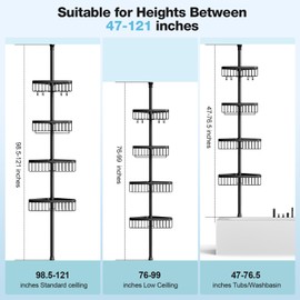 Hirospace Corner Shower Caddy Tension Pole: 47-121 inch Adjustable Rustproof 4-Tier Bathroom Organizer for Shampoo Storage - Quick Installation Bathtub Shelves - Rod Floor Standing Inside Bath Rack