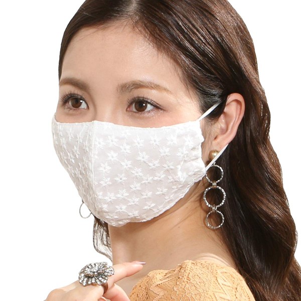 Made in Japan Cool Touch Lace Embroidered 3D Mask, Washable, Women's Adult Mask, Small flower embroidery/white, Mサイズ (1枚)
