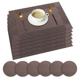 Neween Placemat with Compatible Coaster, Fine Weaving Insulation Placemat Set of 6 Non-Slip Heat Resistant Washable Table Mat Set for Kitchen Dining Table (6PCS Placemat + 6 Coaster, Brown)