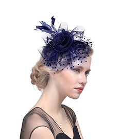 JINTN Bridal Feather Pearl Fascinator Hat Flower Headwear with Hair Clip Elegant Mesh Headwear Tea Party Bridal Headpiece Ladies Pillbox Fascinator Hat Church Wedding Cocktail Hat Navy Blue