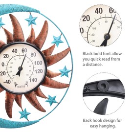MUMTOP 12.5 Inch Sun Moon Indoor Outdoor Thermometer, Large Number Decorative Wall Mounted Thermometer for Patio, Yard, Garden