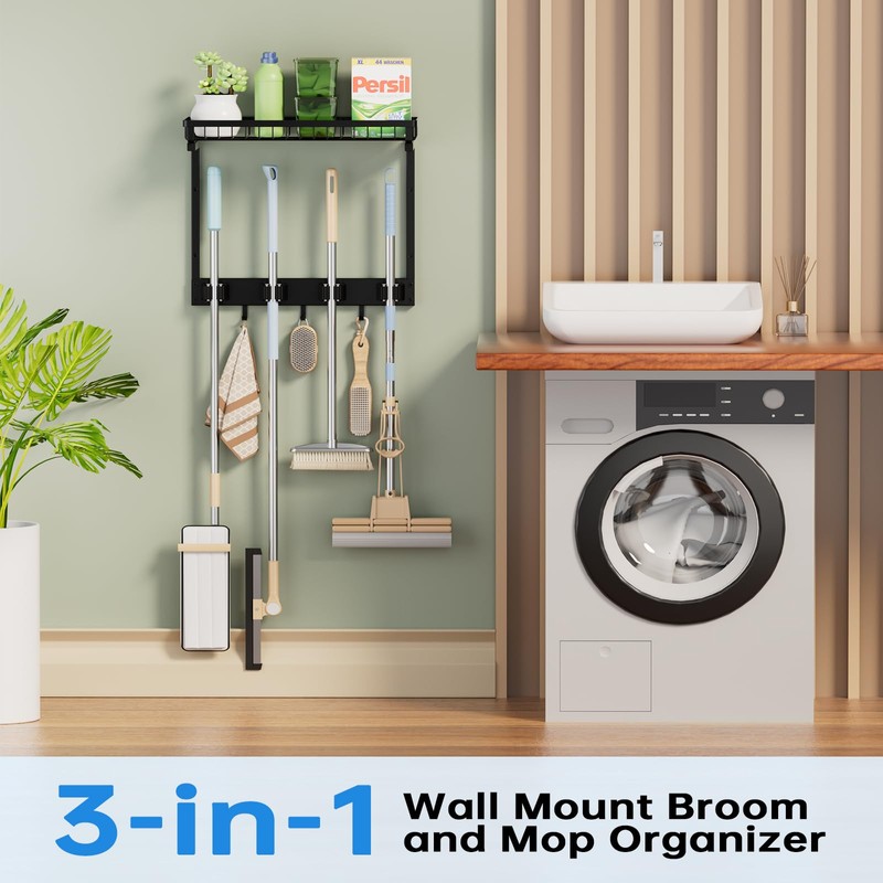 Broom Holder Wall Mount, Mop Organizer with Cleaning Tools Storage