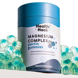Health Hack Magnesio Complex en Gomitas con 6 Formas, Bisglicinato, Citrato, L-Treonato, Orotato, Malato y Lactato más Vitamina B6 y D3, Sabor Mora Azul, Sin Azúcar, 60 Gomitas Veganas Sin Gluten