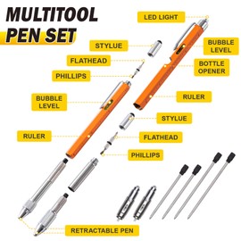 Stocking Stuffers for Men, Dad, Husband, 11 in 1 Multitool Pen with LED Light, Ruler, Level, Screwdriver, Stylus, Flathead,Gifts for Men Who Have Everything, Orange