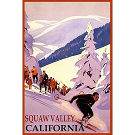 WINTER SPORTS SQUAW VALLEY SKI RESORT CALIFORNIA MOUNTAINS DOWNHILL SKIING USA TRAVEL VINTAGE POSTER REPRO ON PAPER OR CANVAS (16" X 24" IMAGE ON CANVAS)