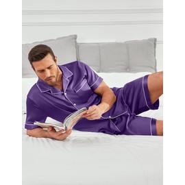 Vssjavun Mens Pajamas Set Satin Silk Sleepwear Shorts Sexy Nightwear Button Down 2 Piece Loungewear Sets Father Boyfriend Husband Purple