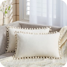 Topfinel Set Of 2 Velvet Pillows With Pompoms Plain Christmas Cushion Covers, Decorative Pillow Cover Head Cushion Seat Cushion, Decorative Couch Cushions For Sofa, Bedroom, Office, Car – 30 x 50 cm, Cream
