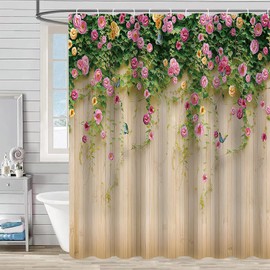 FAIRYGATE B9522 Bathroom Curtain, Beige Bath Curtain, Shower Curtain, Waterproof, Anti-Mould, Polyester Bathroom Curtain with 12 Shower Curtain Rings for Bathroom Decor, 180 x 180 cm, Green Leaves