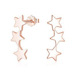 Loutade Silver Star Crawler Earrings for Women, 925 Sterling Silver Triple Star Stud Earrings, Cute Cartilage Sleeper Starburst Earrings Rose Gold, Silver Star Climber Star Studs Earrings for Girls