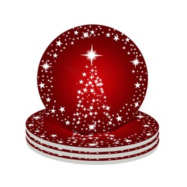 Silver Star Christmas Tree with Holiday Red Background Christmas Coasters Absorbent Ceramic Drink Coasters for Xmas Decor Soft Coasters Set of 4 Good White Elephant Gifts for Adults
