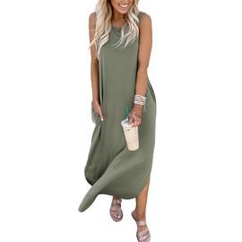 ANRABESS Women Summer Maxi Dress Beach Vacation Sundress Sleeveless Casual Loose Shirt Dresses 2025 Travel Outfits Olive Small