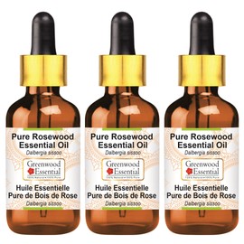 Greenwood Essential Pure Rosewood Essential Oil (Dalbergia Sissoo) with Glass Dropper Natural Therapeutic Quality Steam Distilled (Pack of Three) 100 ml x 3 (10 oz)