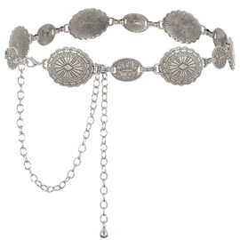 WHIPPY Women's Concho Chain Belt Waist Chain Turquoise Waist Belt Adjustable Metal Western Cowgirl Belt for Dress, C-silver chain