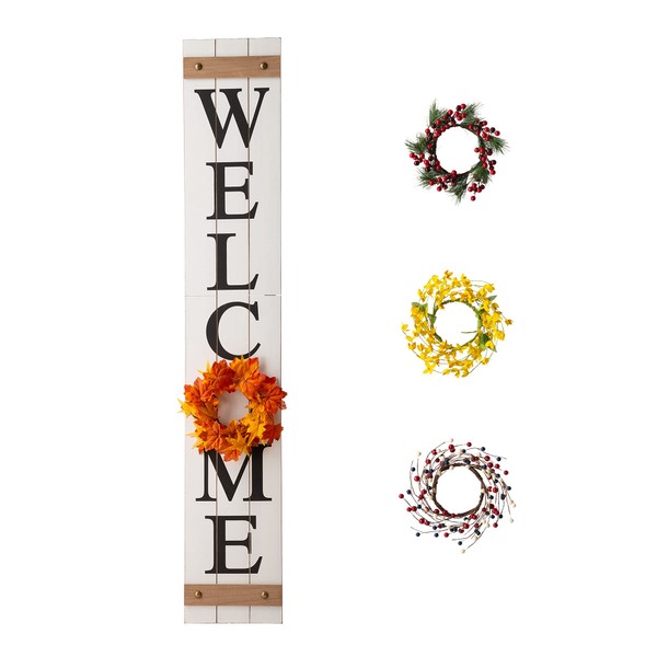 glitzhome Welcome Sign for Front Door Porch Rustic Farmhouse Wooden Hanging Wall Decor with Interchangeable Floral Wreath, 60" H, White