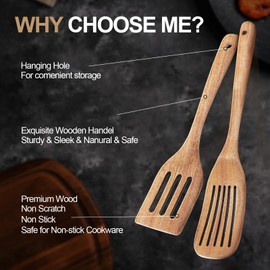2 Pcs Wooden Spatula Set for Cooking - Wood Spatula Slotted Turner Cooking Utensils, Premium Acacia for Non-Stick Cookware, Kitchen Cooking Utensils for Frying Flipping Pancake