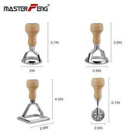 MASTER FENG Ravioli Stamp Maker Cutter, Mold with Wooden Handle and Fluted Edge Pasta Press Kitchen Attachment with Pastry Cutter Wheel - 4 Set