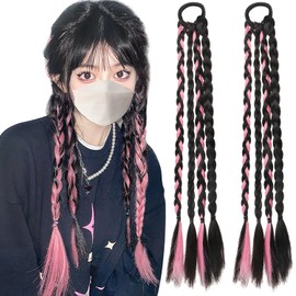 YOVOY 4 Braid Hair Extensions Braided Color Wigs Ponytail Wigs Hair Extensions for Kids Children Daughters Adults Dance Recitals Events Party Costumes Set of 2 (Pink)