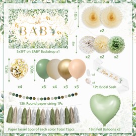 Sage Green Baby Shower Decorations, Oh Baby Neutral Gender Reveal Party Decor Kit With Backdrop, Balloons, Pom Poms, Tassels Garland, Mom To Be Sash & Circle Dots Garland For Baby Girls Boys