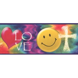 CONCORD WALLCOVERINGS ™ Faith Emoji Symbols Wallpaper Border, 4.75" x 15' Christian Symbols with Smiley Face & Heart Design, Prepasted Washable Vinyl for Decor #GU92221B