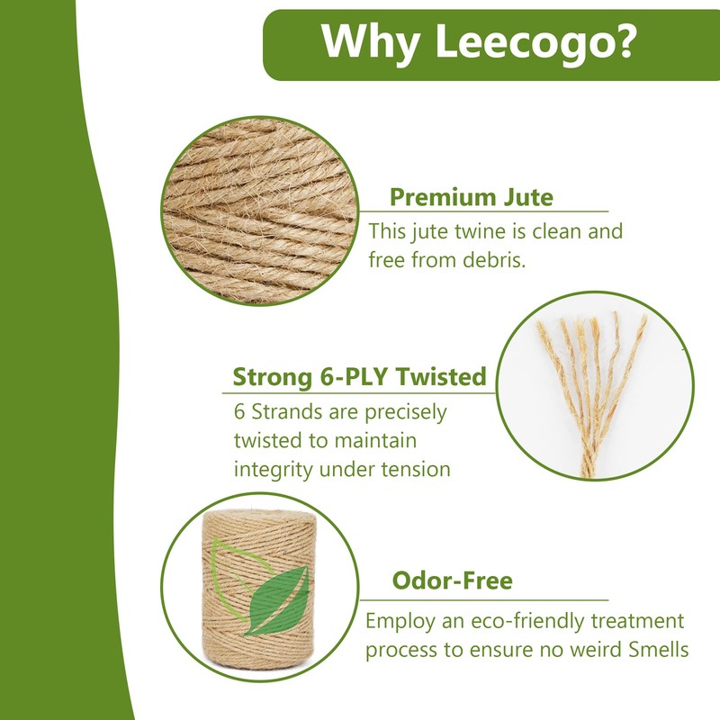 Leecogo 3mm 6Ply Jute Twine, 328 Feet,Heavy Duty for Garden,