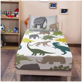 VELVETIO Kids Animal Fitted Sheet Double with Pillowcases, Breathable Printed Elephant Bedding Sheets, Boys & Girls Soft Polycotton Dinosaur Bedsheets, Grey