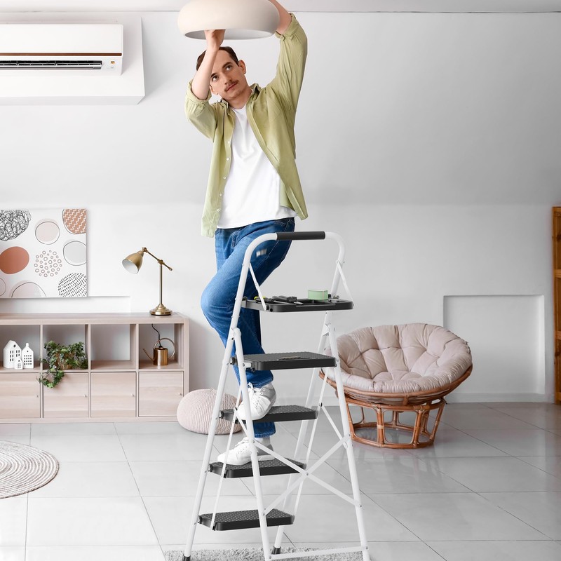 BONTEC 4-Step Ladder, Folding Step Stool with Tool Platform, Wide