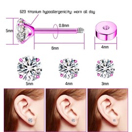 ZDE Titanium Women Flatback Earrings Cubic Zirconia Silver Stud Earrings Flat Back CZ Hypoallergenic Cartilage Flatback Earring Helix Tragus Conch (Pink, 5MM)