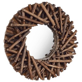 Udorich Rustic Teak Round Wall Mirror for Elegant Home Decor, Handwoven Frame, for Living Room, Bathroom, and Entryways, 15.7-Inch