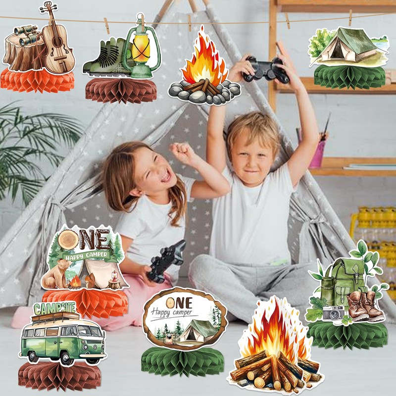 9 PCS Camping Honeycomb Centerpieces with Fake Campfire, Camping Table