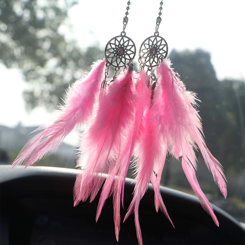 Car Rear View Mirror Hanging Pendant, Feather Dream Catcher Crystal