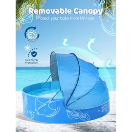 Hikiddy Piscina plegable para niños con dosel: 31.5 pulgadas/47 pulgadas/63 pulgadas para bebés y niños pequeños - Piscina de juegos acuáticos de verano con sombra - portátil para patio trasero al aire libre playa (azul-azul, 47 pulgadas)