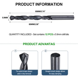 METALLIXITY Drill Bit (5.9mm) 12Pcs, 4241 High-Speed Steel Straight Shank Nitriding Black 118° for Wood Plastic Iron Copper Aluminum Low Soft Metal