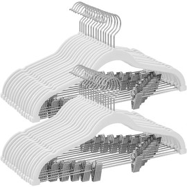 SONGMICS 30-Pack Pants Hangers, 16.7-Inch Long Velvet Trousers Hangers with Adjustable Clips, Heavy-Duty, Non-Slip, Space-Saving for Pants, Skirts, Coats, Dresses, Tank Tops, White UCRF012W02